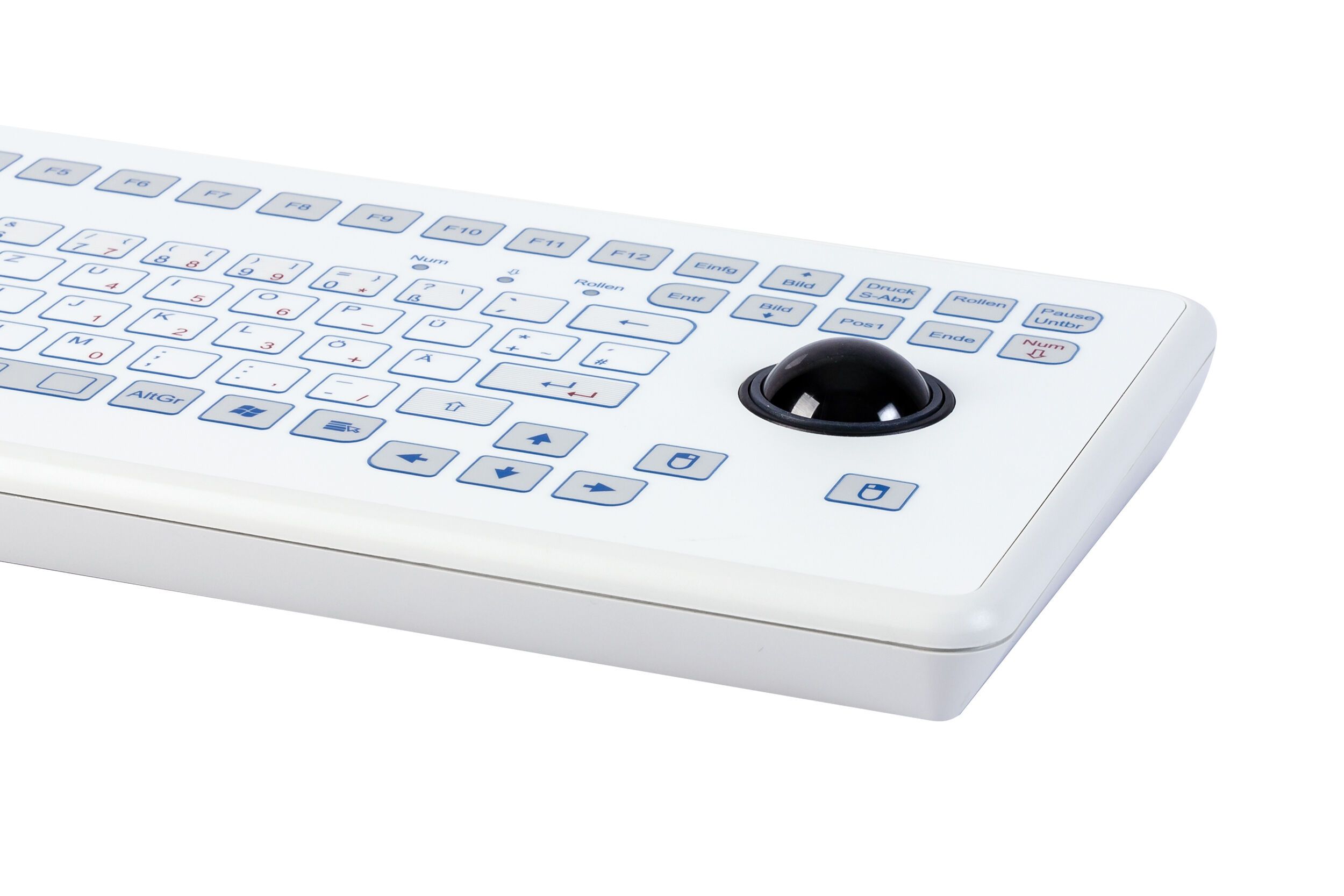 Foil covered keyboard with a trackball, white, sideview